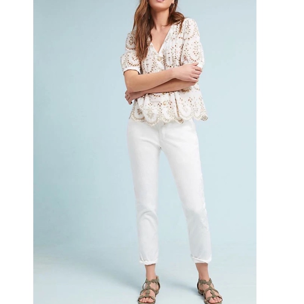Anthropologie Chino Relaxed White Embroidered Floral Pants 99% cotton Size 31